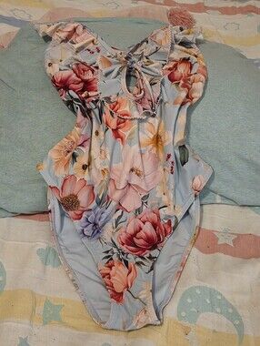 Floral Ruffle One-Piece Swimsuit - Light Blue